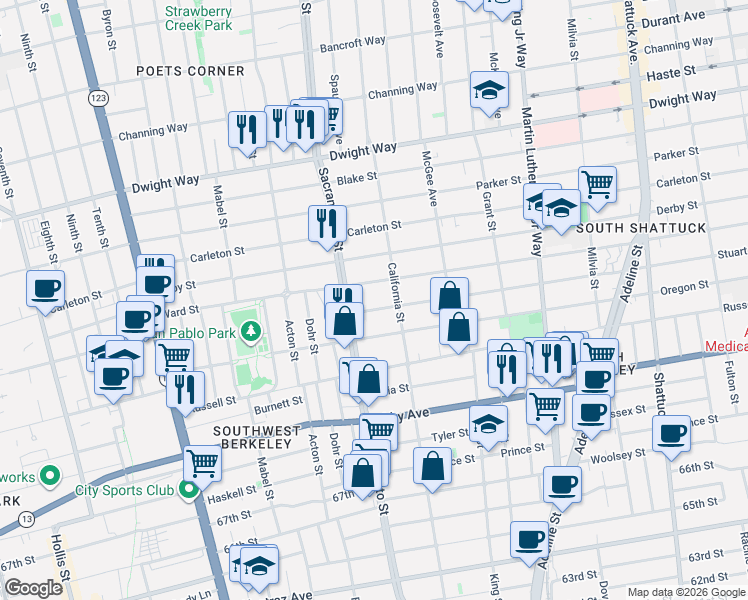 map of restaurants, bars, coffee shops, grocery stores, and more near 1536 Stuart Street in Berkeley