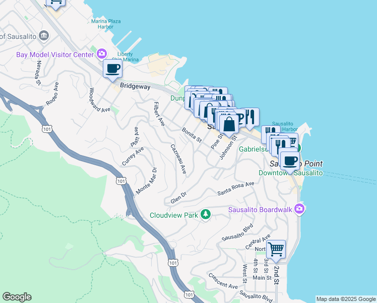 map of restaurants, bars, coffee shops, grocery stores, and more near 100 Cazneau Avenue in Sausalito