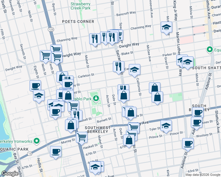 map of restaurants, bars, coffee shops, grocery stores, and more near 2728 Dohr Street in Berkeley