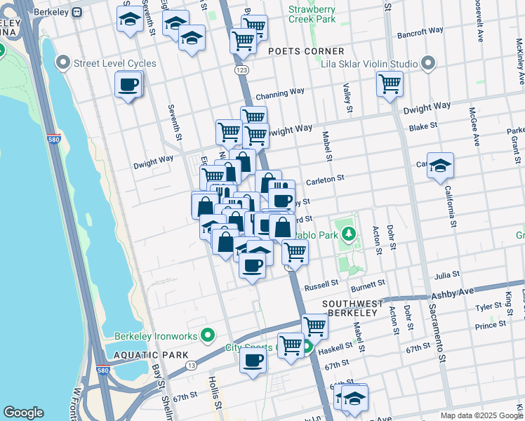 map of restaurants, bars, coffee shops, grocery stores, and more near in Berkeley