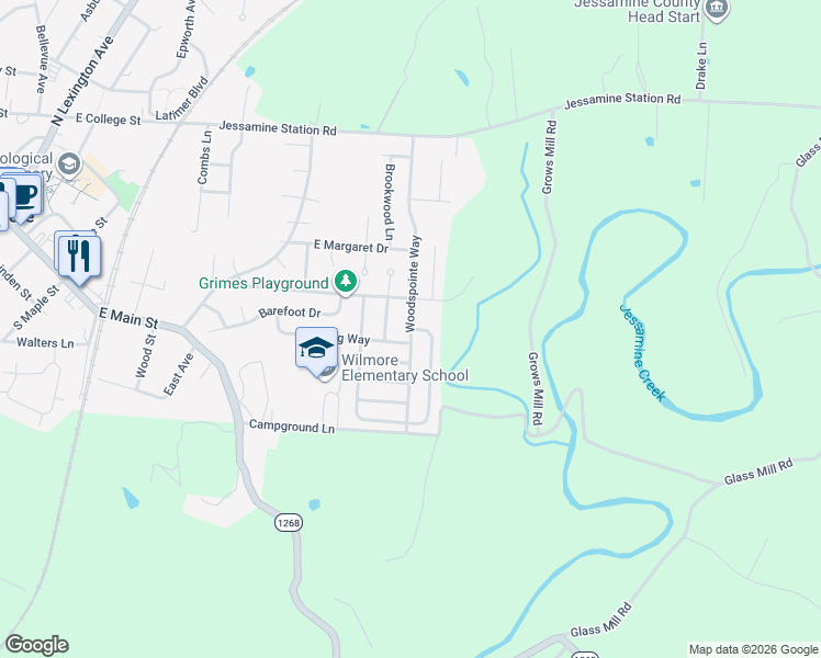 map of restaurants, bars, coffee shops, grocery stores, and more near 603 Woodspointe Way in Wilmore