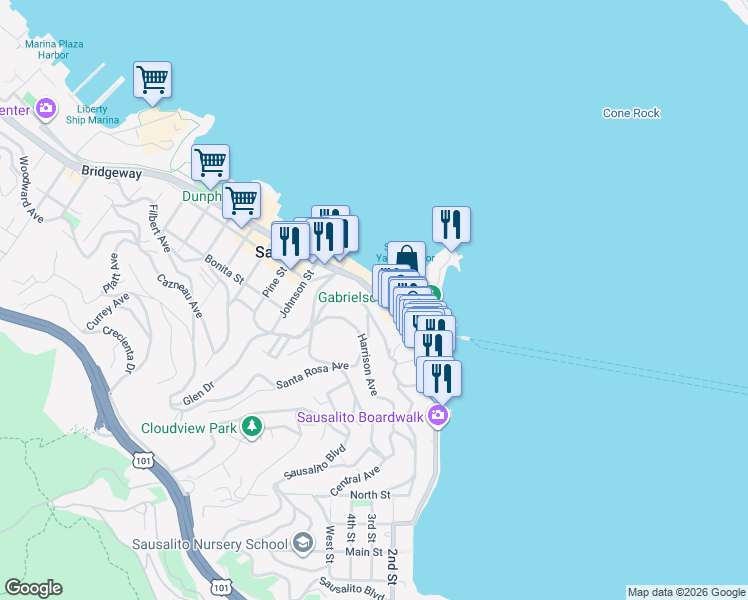 map of restaurants, bars, coffee shops, grocery stores, and more near 833 Bridgeway in Sausalito