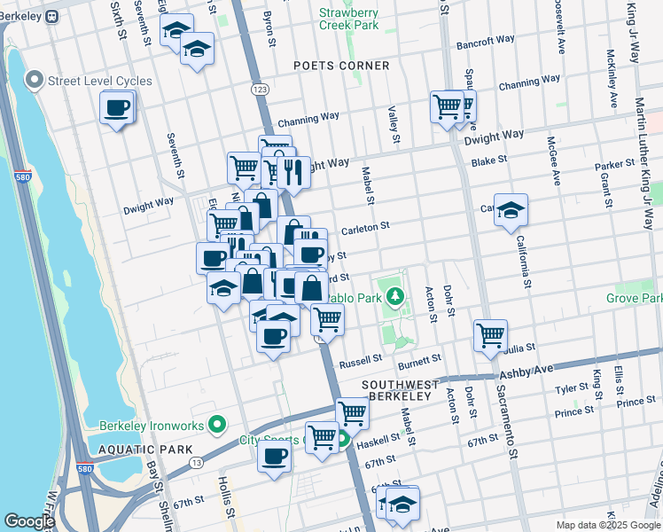 map of restaurants, bars, coffee shops, grocery stores, and more near 1130 Derby Street in Berkeley