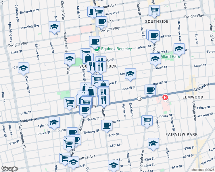 map of restaurants, bars, coffee shops, grocery stores, and more near 2847 Shattuck Avenue in Berkeley