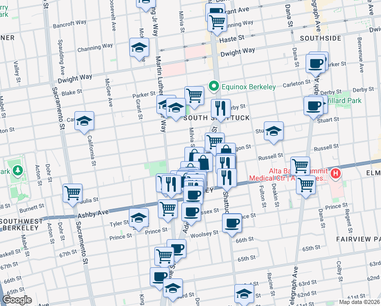 map of restaurants, bars, coffee shops, grocery stores, and more near 1938 Oregon Street in Berkeley