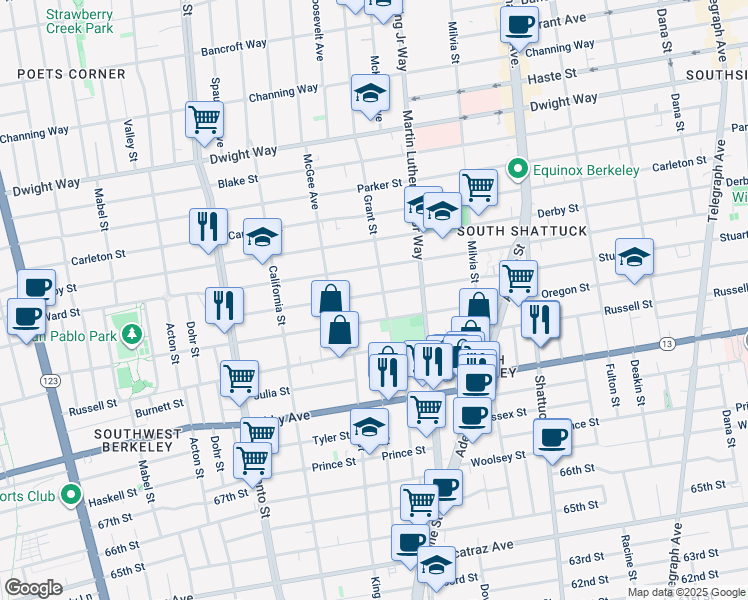 map of restaurants, bars, coffee shops, grocery stores, and more near 1725 Oregon Street in Berkeley