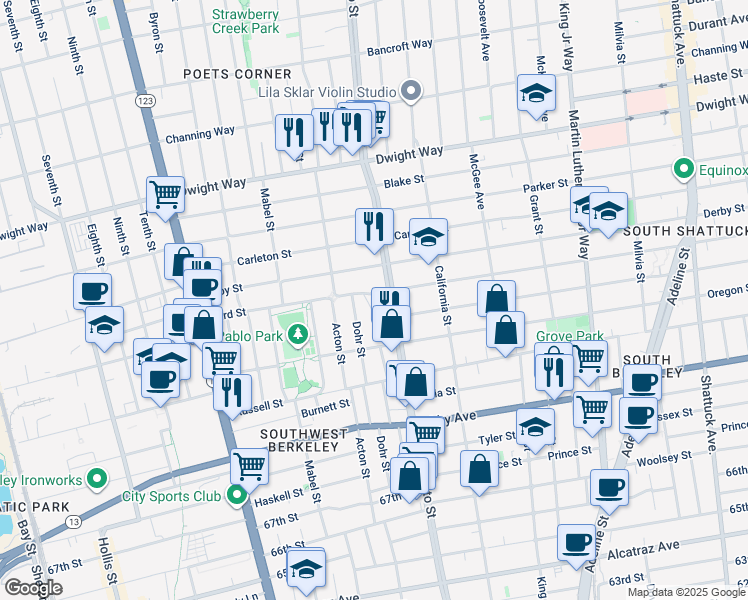 map of restaurants, bars, coffee shops, grocery stores, and more near 2790 Sacramento Street in Berkeley