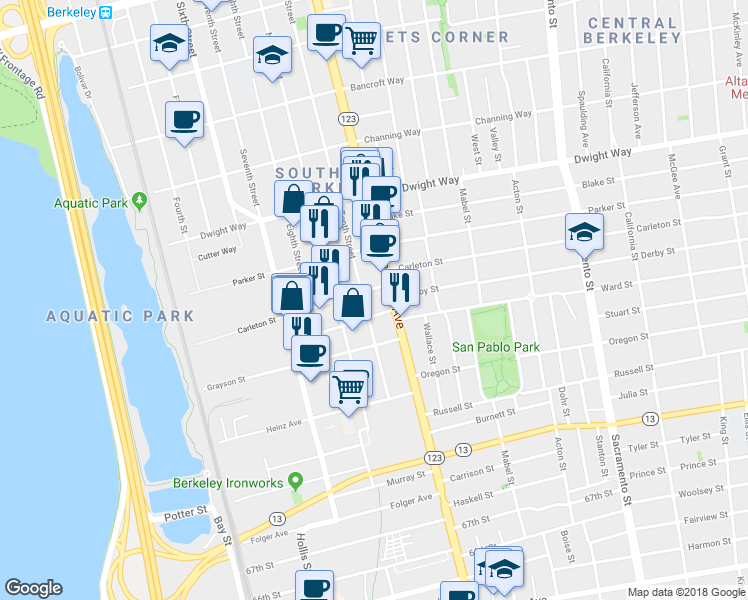 map of restaurants, bars, coffee shops, grocery stores, and more near 1041 Pardee Street in Berkeley