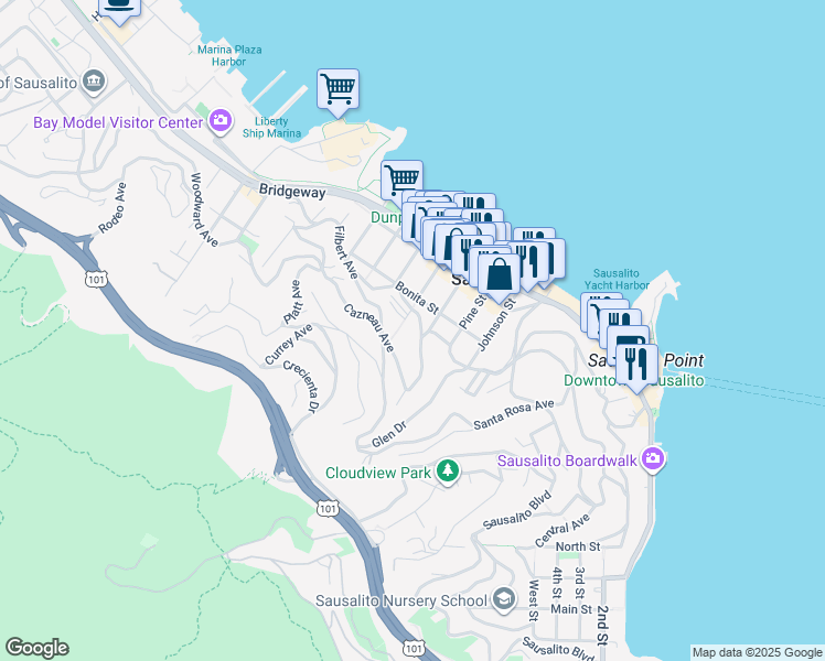 map of restaurants, bars, coffee shops, grocery stores, and more near 100 Cazneau Avenue in Sausalito