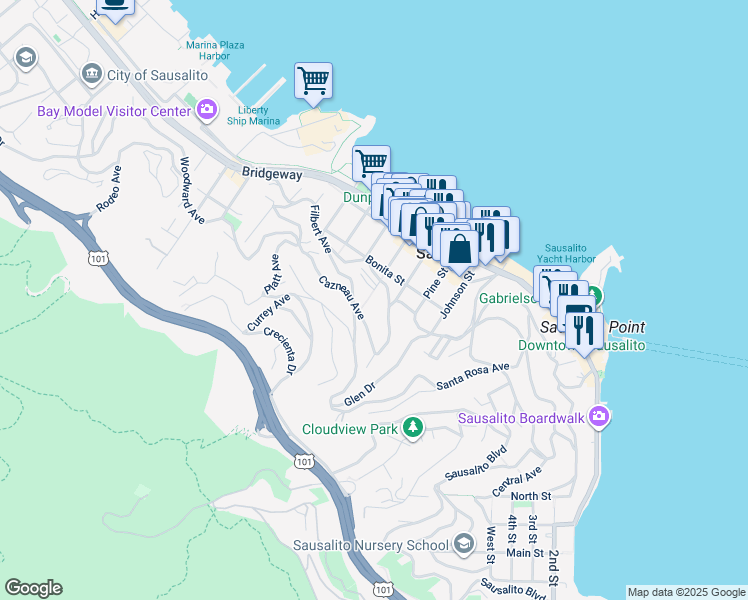 map of restaurants, bars, coffee shops, grocery stores, and more near 100 Cazneau Avenue in Sausalito
