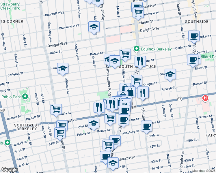 map of restaurants, bars, coffee shops, grocery stores, and more near 2810 Martin Luther King Junior Way in Berkeley