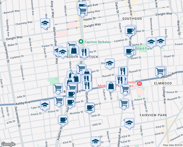 map of restaurants, bars, coffee shops, grocery stores, and more near 2134 Oregon Street in Berkeley