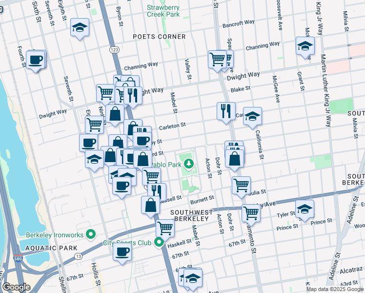 map of restaurants, bars, coffee shops, grocery stores, and more near 2717 Mabel Street in Berkeley