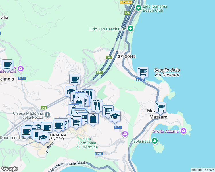 map of restaurants, bars, coffee shops, grocery stores, and more near 11 Via Porta Pasquale in Taormina