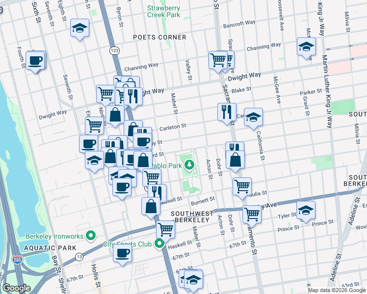 map of restaurants, bars, coffee shops, grocery stores, and more near 2717 Mabel Street in Berkeley
