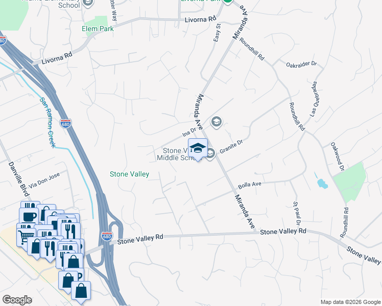 map of restaurants, bars, coffee shops, grocery stores, and more near 340 David Drive in Alamo