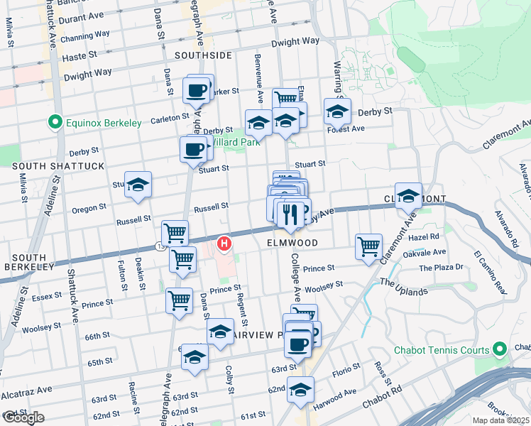 map of restaurants, bars, coffee shops, grocery stores, and more near 2623 Ashby Avenue in Berkeley