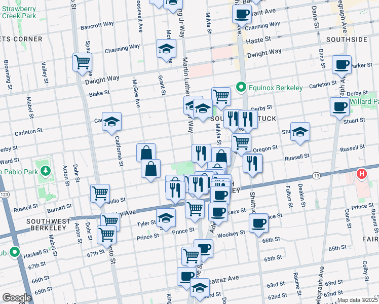 map of restaurants, bars, coffee shops, grocery stores, and more near 1805 Oregon Street in Berkeley