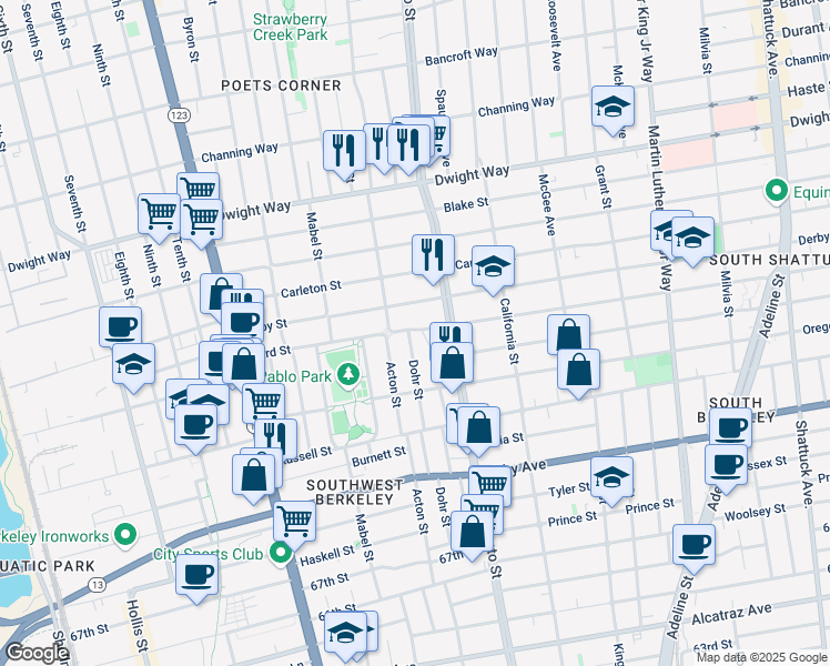 map of restaurants, bars, coffee shops, grocery stores, and more near 2751 Dohr Street in Berkeley