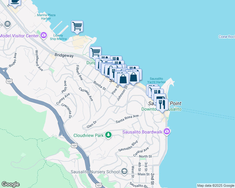 map of restaurants, bars, coffee shops, grocery stores, and more near 439 Johnson Street in Sausalito