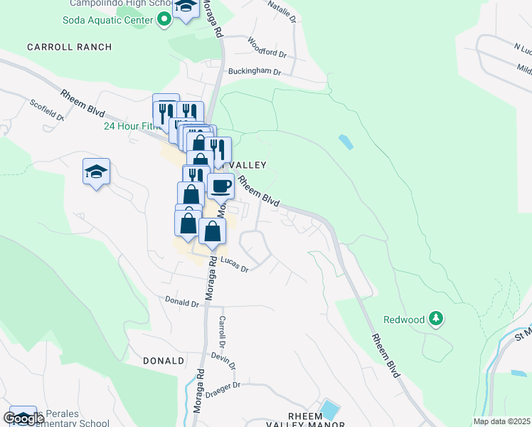 map of restaurants, bars, coffee shops, grocery stores, and more near 455 Chalda Way in Moraga
