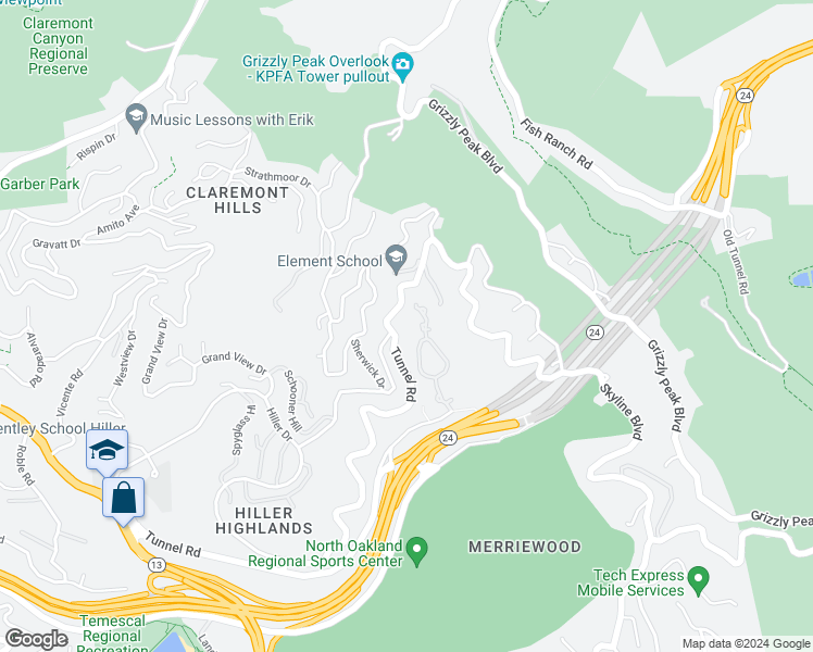 map of restaurants, bars, coffee shops, grocery stores, and more near 280 Caldecott Lane in Oakland