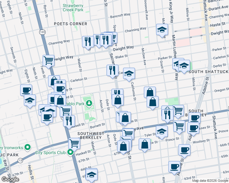 map of restaurants, bars, coffee shops, grocery stores, and more near 1450 Ward Street in Berkeley