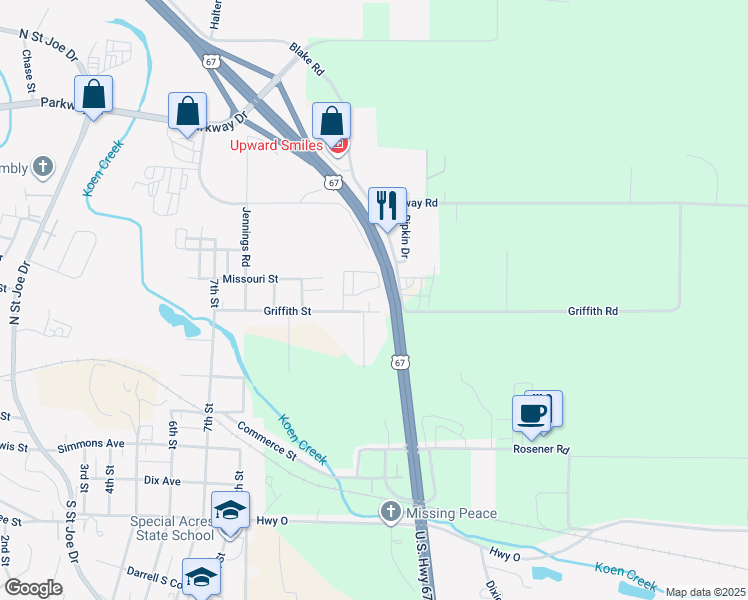 map of restaurants, bars, coffee shops, grocery stores, and more near 1032 Griffith Street in Park Hills