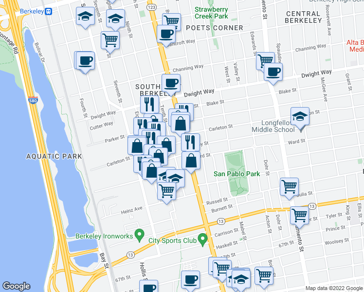 map of restaurants, bars, coffee shops, grocery stores, and more near 1041 Pardee Street in Berkeley