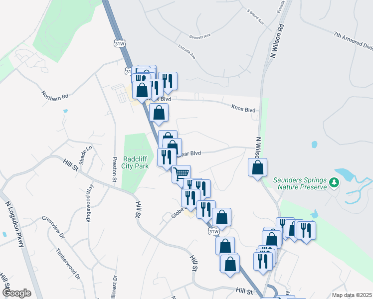 map of restaurants, bars, coffee shops, grocery stores, and more near 378 Redmar Boulevard in Radcliff
