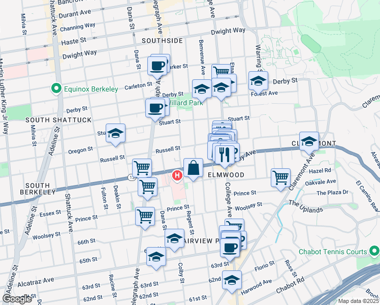 map of restaurants, bars, coffee shops, grocery stores, and more near 2910 Hillegass Avenue in Berkeley