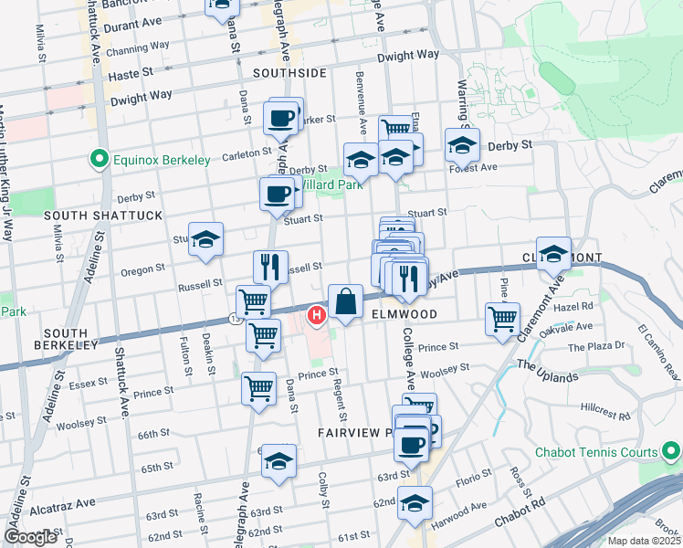 map of restaurants, bars, coffee shops, grocery stores, and more near 2910 Hillegass Avenue in Berkeley