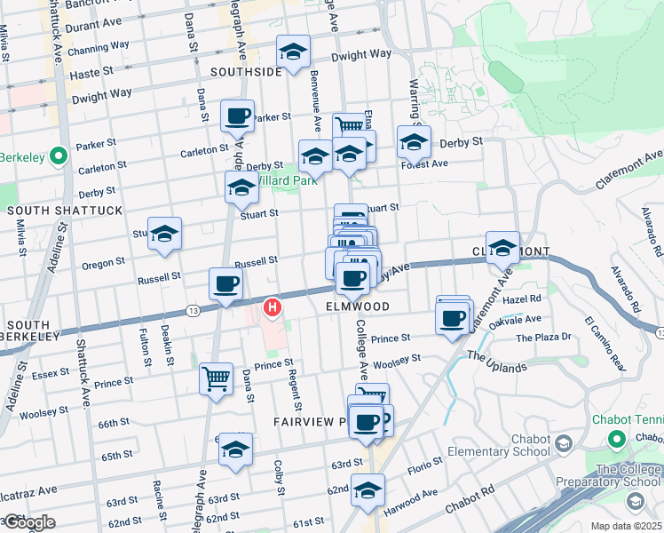 map of restaurants, bars, coffee shops, grocery stores, and more near 2623 Ashby Avenue in Berkeley