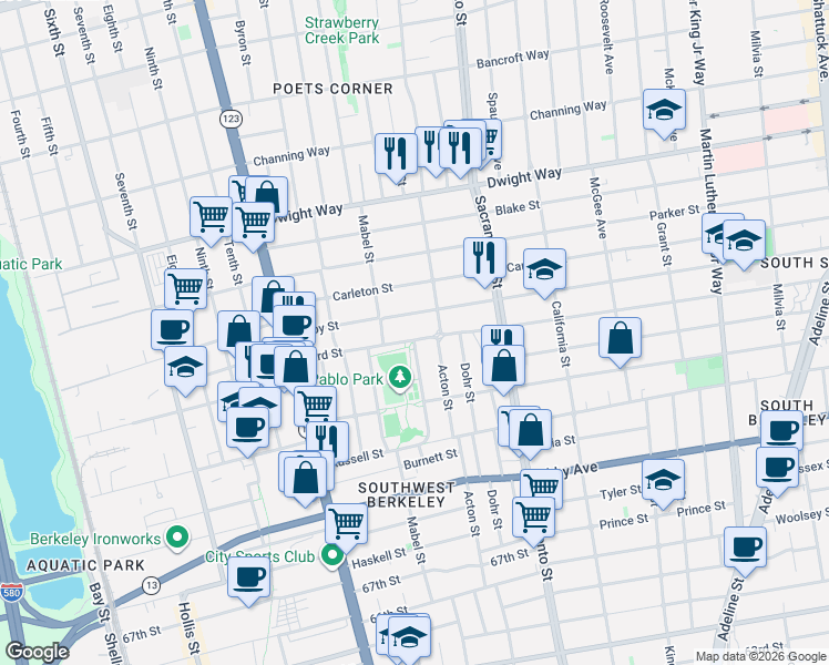 map of restaurants, bars, coffee shops, grocery stores, and more near 2733 Park Street in Berkeley