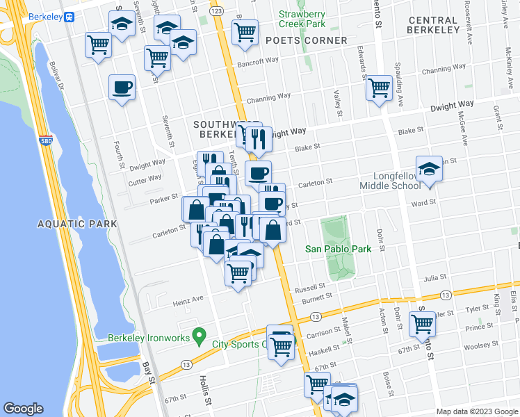 map of restaurants, bars, coffee shops, grocery stores, and more near 1041 Pardee Street in Berkeley