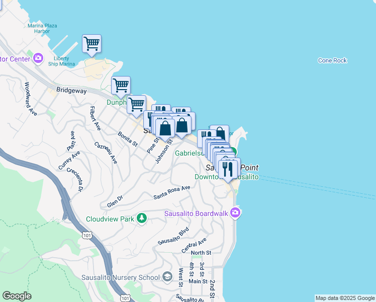 map of restaurants, bars, coffee shops, grocery stores, and more near 168 Harrison Avenue in Sausalito
