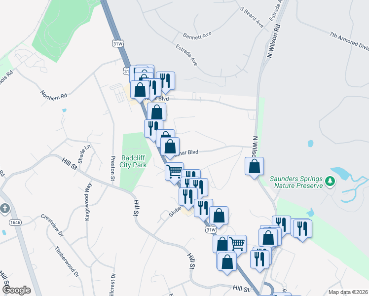 map of restaurants, bars, coffee shops, grocery stores, and more near 378 Redmar Boulevard in Radcliff