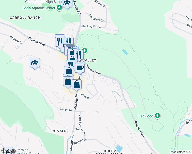 map of restaurants, bars, coffee shops, grocery stores, and more near 551 Chalda Way in Moraga