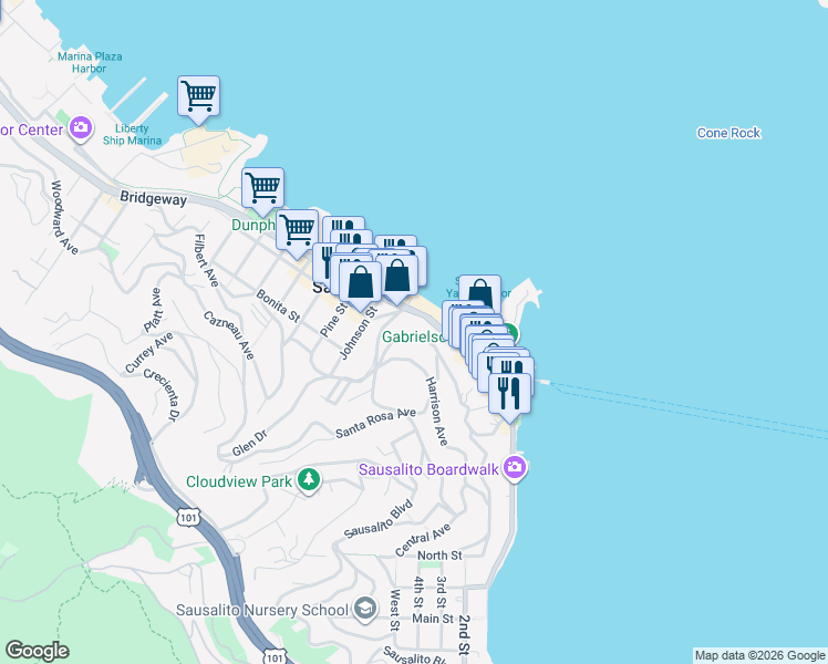 map of restaurants, bars, coffee shops, grocery stores, and more near 168 Harrison Avenue in Sausalito