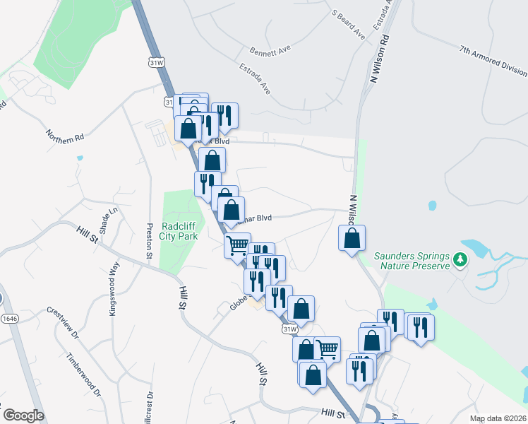 map of restaurants, bars, coffee shops, grocery stores, and more near 378 Redmar Boulevard in Radcliff