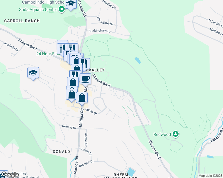 map of restaurants, bars, coffee shops, grocery stores, and more near 412 Woodminster Drive in Moraga