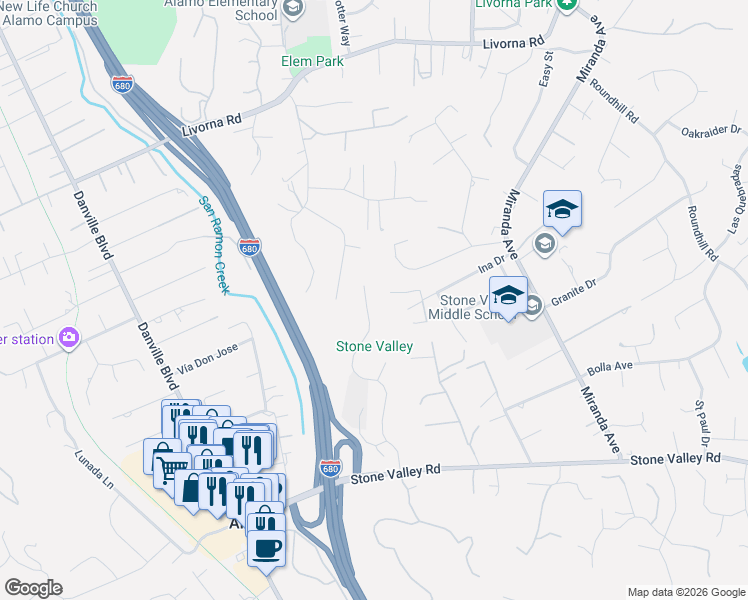 map of restaurants, bars, coffee shops, grocery stores, and more near 205 Stone Valley Way in Alamo