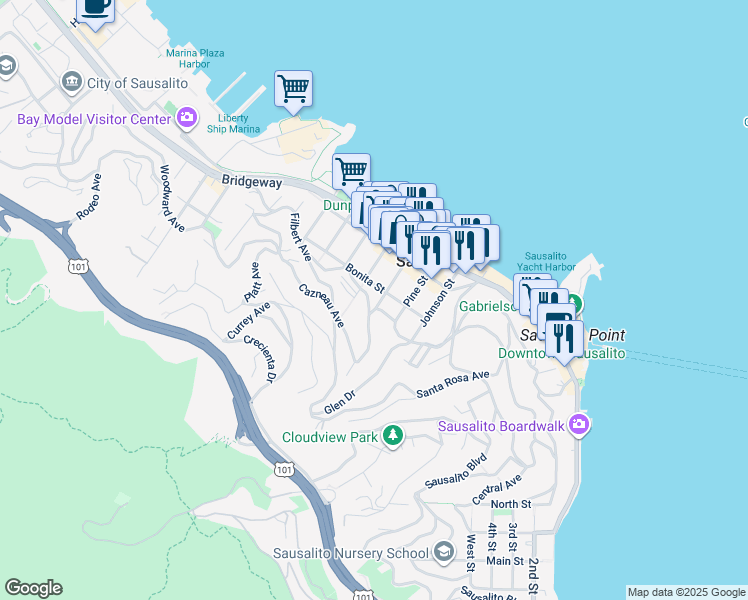 map of restaurants, bars, coffee shops, grocery stores, and more near 510 Turney Street in Sausalito