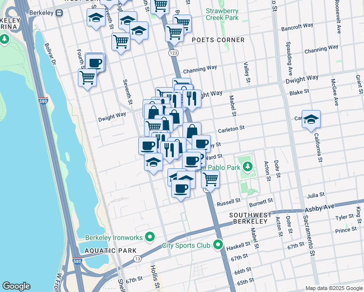 map of restaurants, bars, coffee shops, grocery stores, and more near 2698 Tenth Street in Berkeley