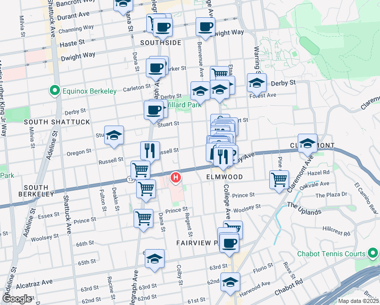 map of restaurants, bars, coffee shops, grocery stores, and more near 2834 Hillegass Avenue in Berkeley