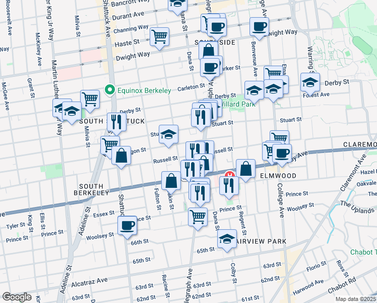 map of restaurants, bars, coffee shops, grocery stores, and more near 2323 Oregon Street in Berkeley