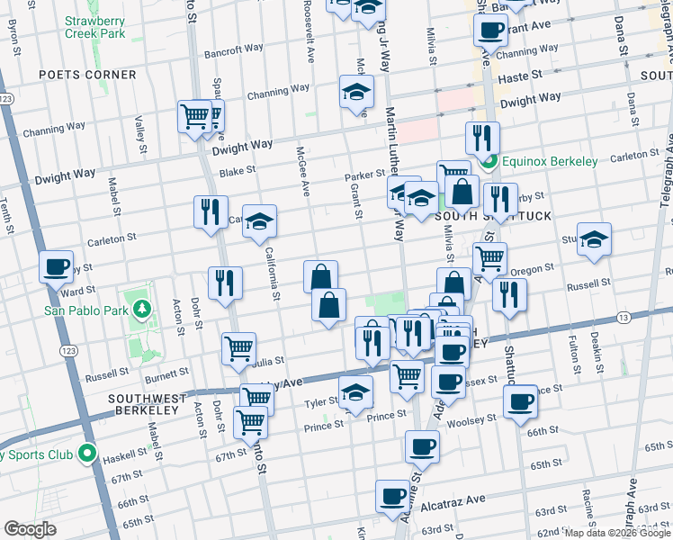 map of restaurants, bars, coffee shops, grocery stores, and more near 1732 Ward Street in Berkeley