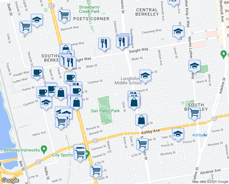 map of restaurants, bars, coffee shops, grocery stores, and more near 1341 Derby Street in Berkeley