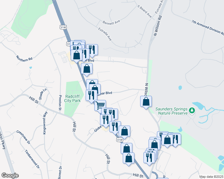 map of restaurants, bars, coffee shops, grocery stores, and more near 212 Oak Ridge Drive in Radcliff