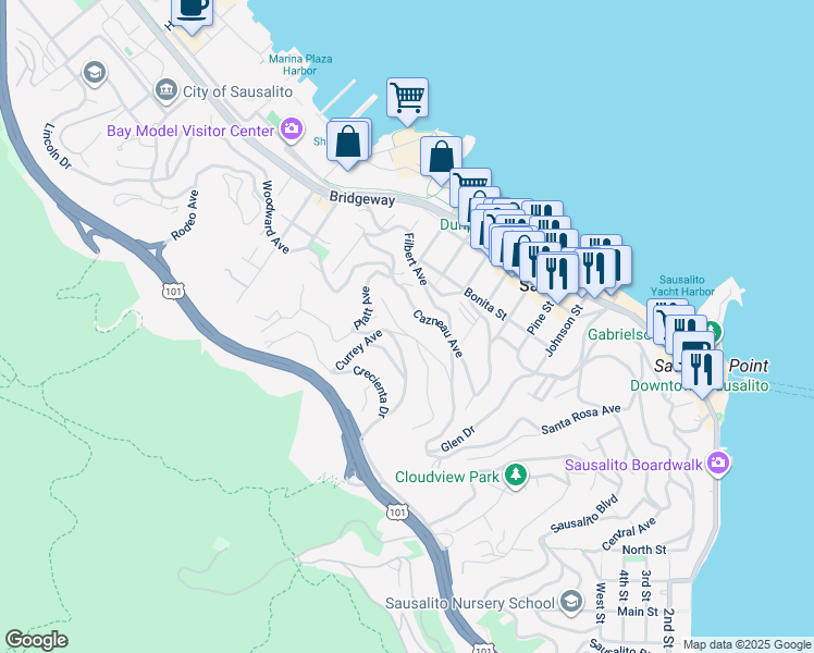 map of restaurants, bars, coffee shops, grocery stores, and more near 4 Wray Avenue in Sausalito